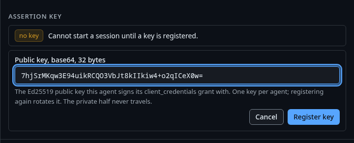 The sheet of the AI agent build-bot with the Assertion key form open and its public key pasted