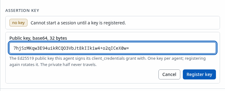 The sheet of the AI agent build-bot with the Assertion key form open and its public key pasted