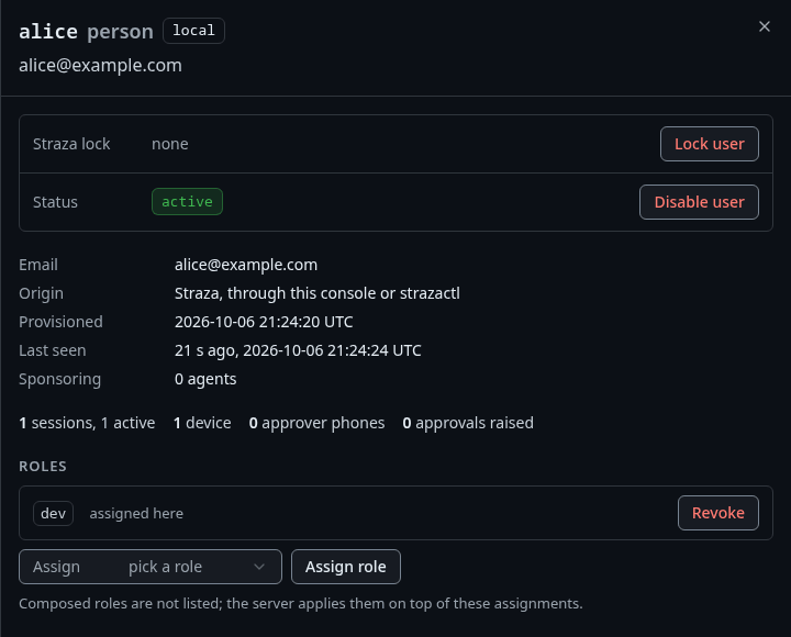 alice's sheet in the console, with the role dev assigned and the Assign picker