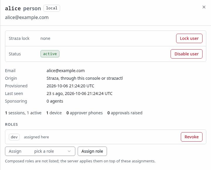 alice's sheet in the console, with the role dev assigned and the Assign picker