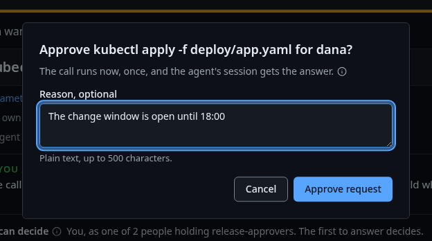 The Approve dialog with an optional reason and the button Approve request