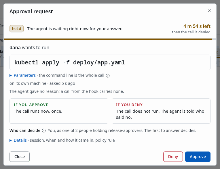 The approval request sheet, with the call's parameters and who decides