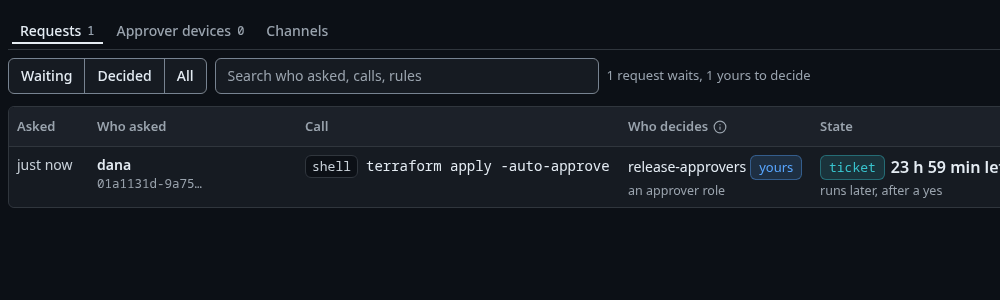 Approvals, Requests, with dana's terraform apply waiting as a ticket