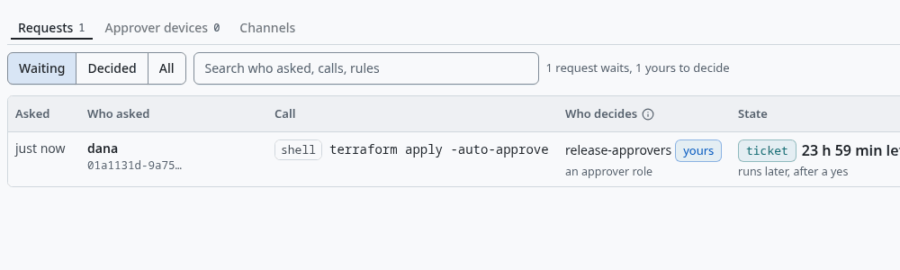 Approvals, Requests, with dana's terraform apply waiting as a ticket