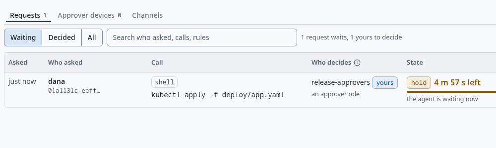 Approvals, Requests, with dana's kubectl apply waiting for a decision