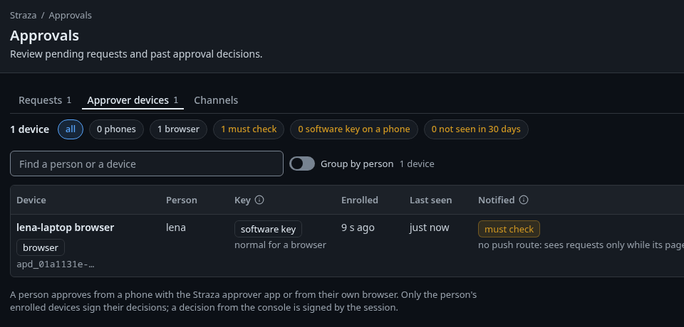 Approvals, Approver devices, with lena's browser and its key posture