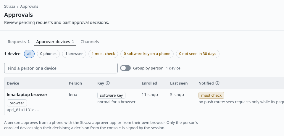 Approvals, Approver devices, with lena's browser and its key posture