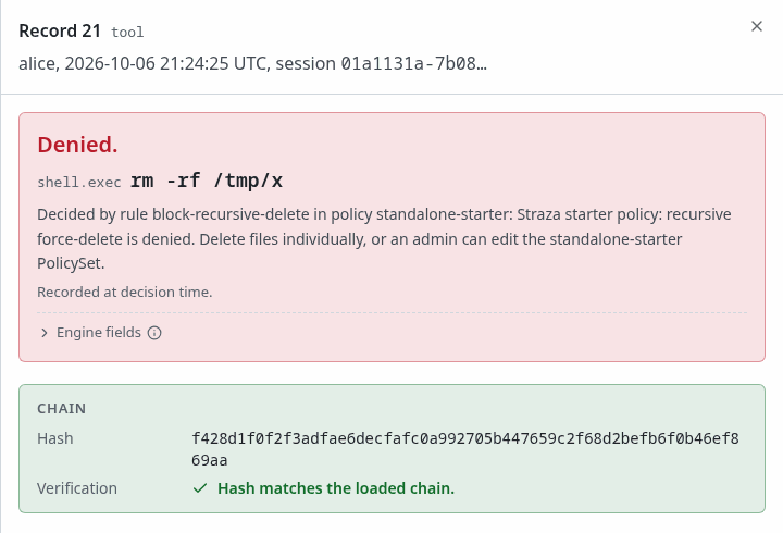 The audit record of alice's denied rm -rf, with the rule, the reason and the chain check