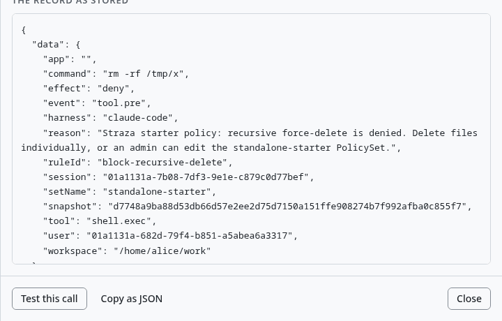 The same audit record further down, with the button Test this call