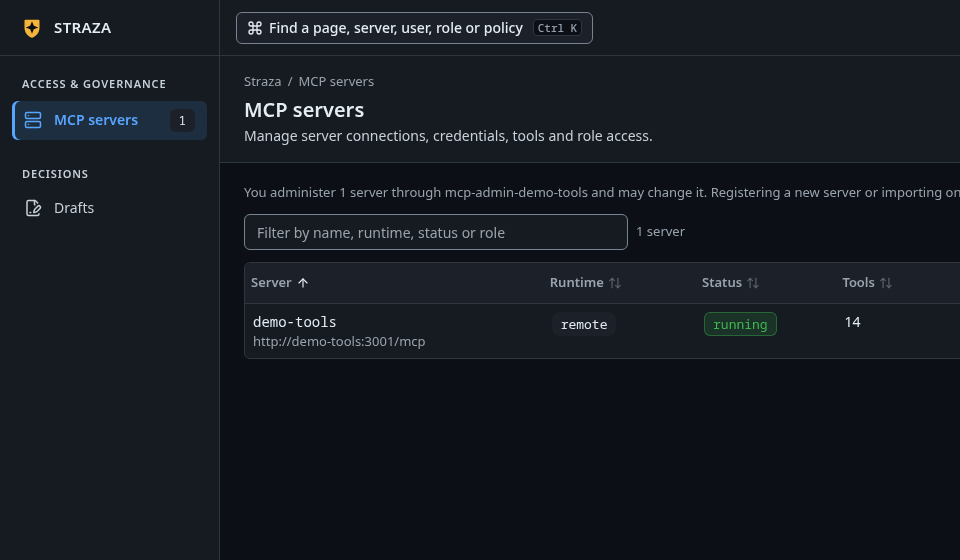 The console as carol, a server admin, with only MCP servers and Drafts and the one server she administers