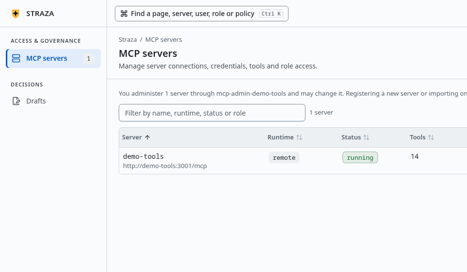 The console as carol, a server admin, with only MCP servers and Drafts and the one server she administers