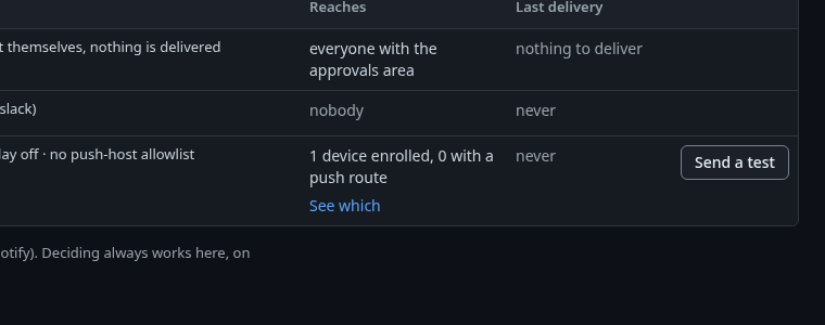 The push row of the Channels tab with its button Send a test