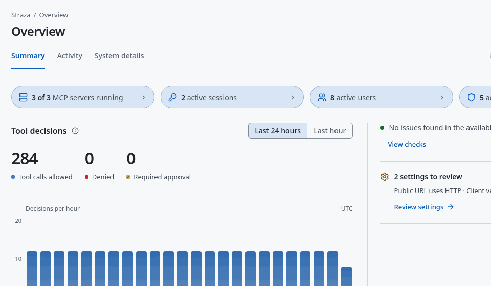 The demo stack's Overview, with the inventory, the tool decisions and the chain line