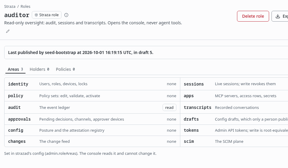The demo stack's auditor role, tab Areas, with the console areas its admin.roleAreas entry opens