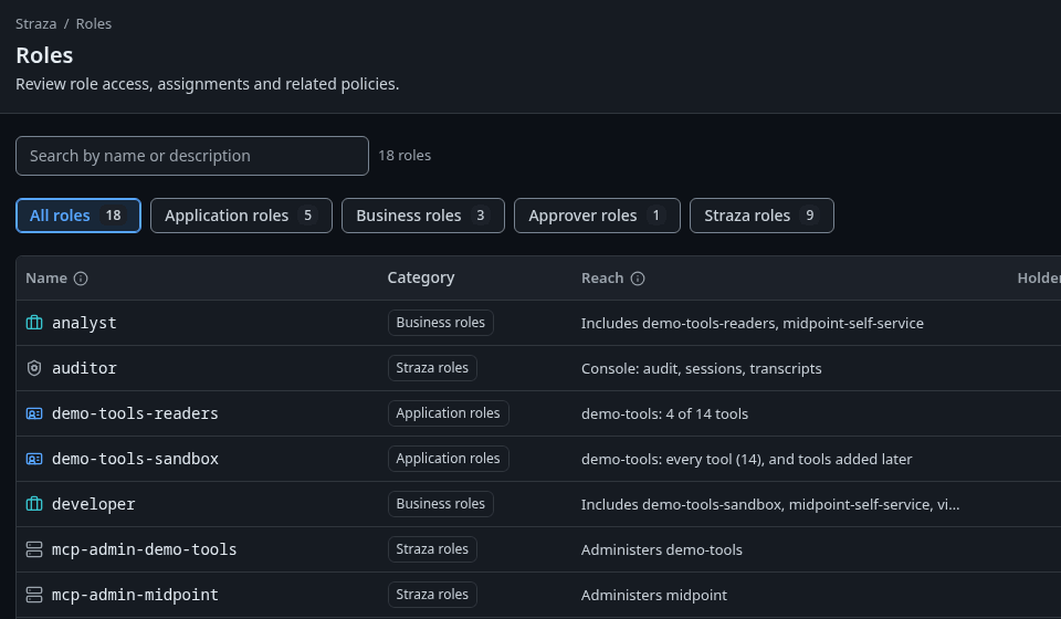 The demo stack's Roles page with its application, business and approver roles