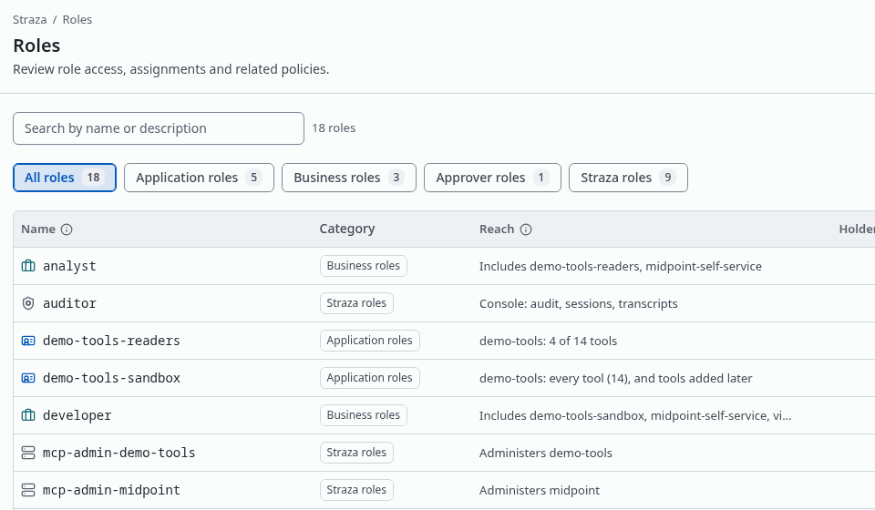 The demo stack's Roles page with its application, business and approver roles