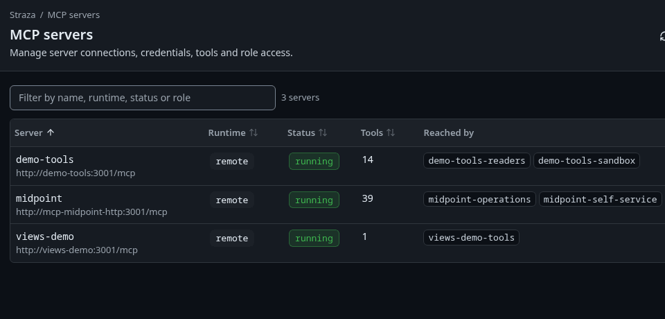 The demo stack's MCP servers page with each server's health
