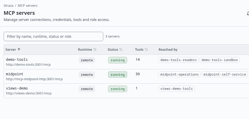The demo stack's MCP servers page with each server's health