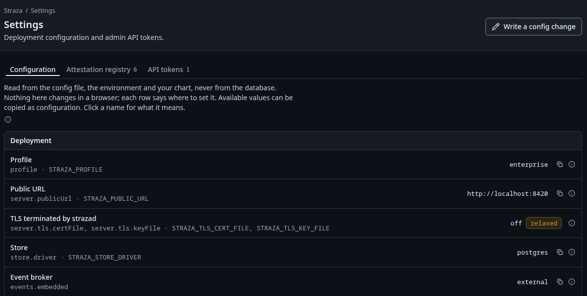 The demo stack's Settings, Configuration, with the store and the event broker it runs on