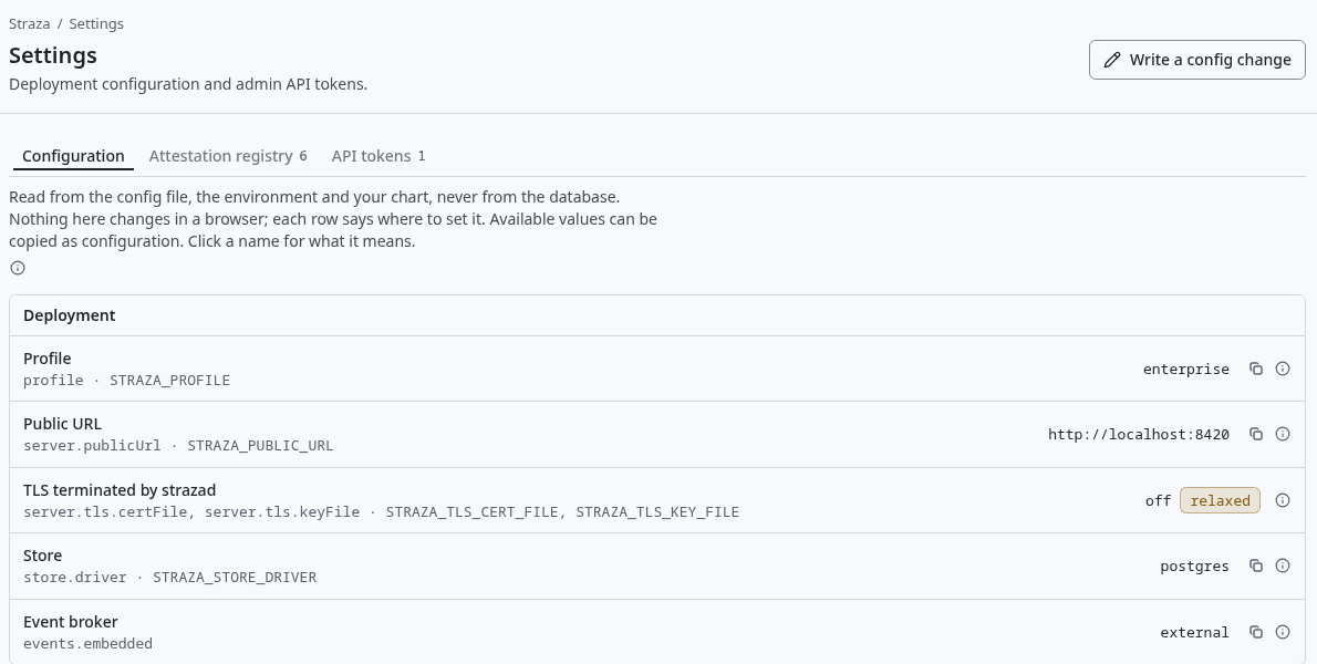 The demo stack's Settings, Configuration, with the store and the event broker it runs on