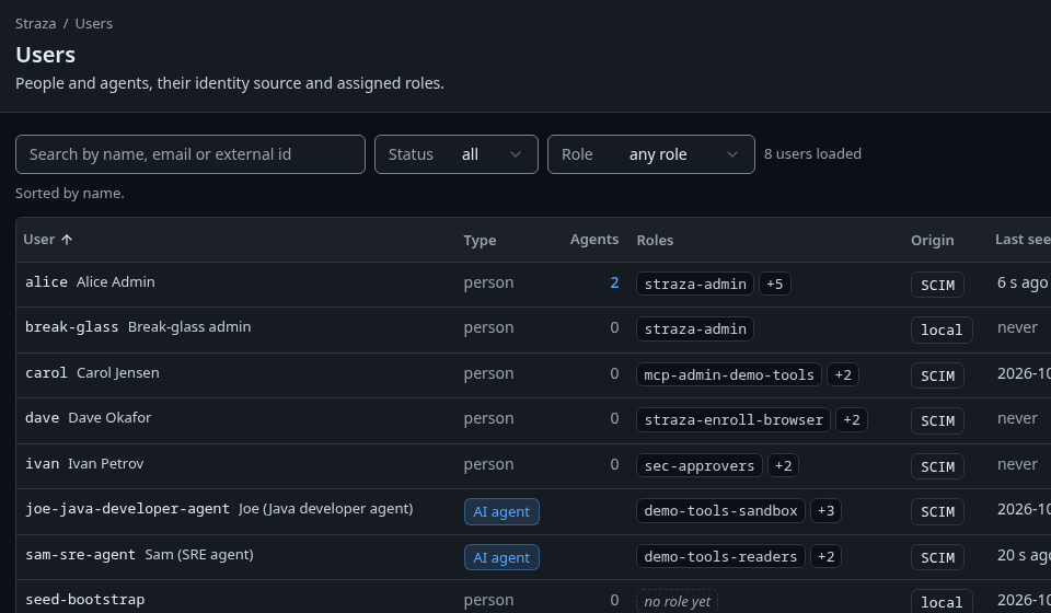The demo stack's Users page with the people and agents that arrived over SCIM