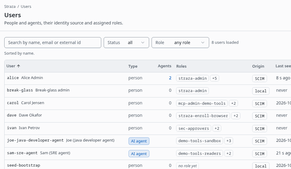 The demo stack's Users page with the people and agents that arrived over SCIM