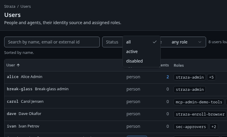 The Status filter of the Users page, open on its choices