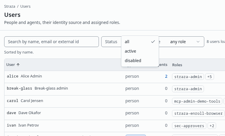 The Status filter of the Users page, open on its choices