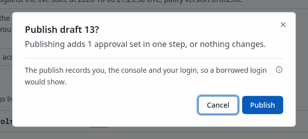 The Publish dialog of the draft, which records who publishes it