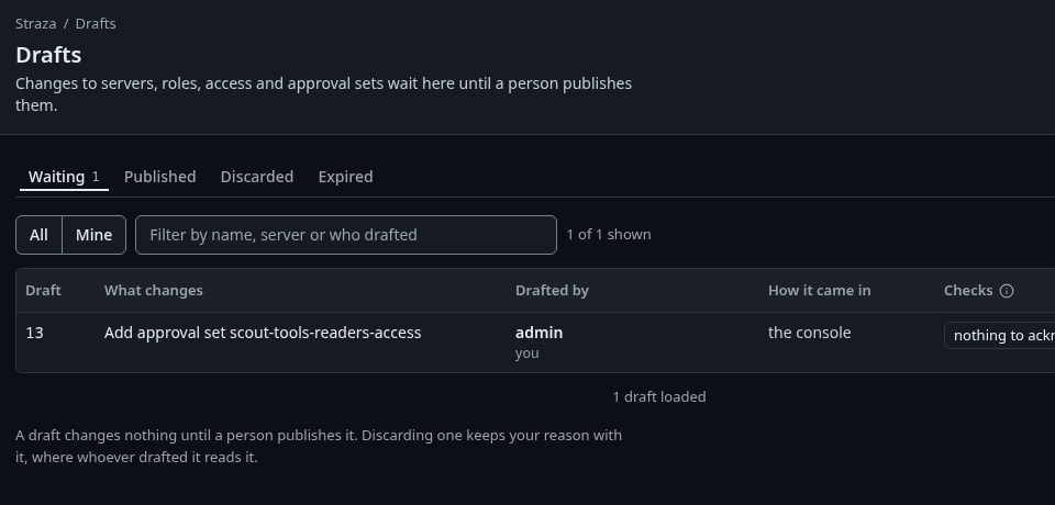 The Drafts page, Waiting, with the draft that gates echo on scout-tools-readers