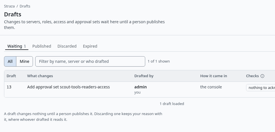 The Drafts page, Waiting, with the draft that gates echo on scout-tools-readers