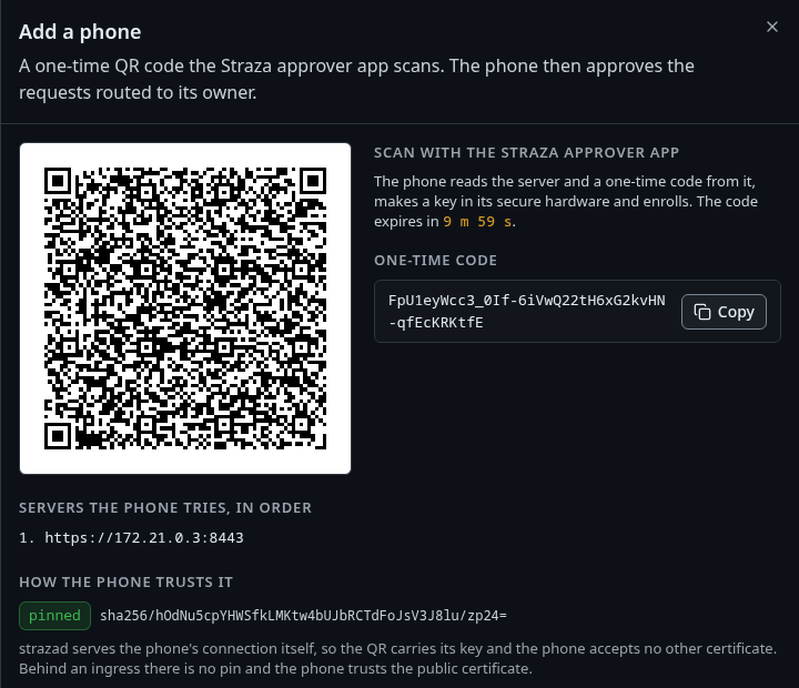 The enrollment QR code for lena, with the servers the phone tries and how it trusts them