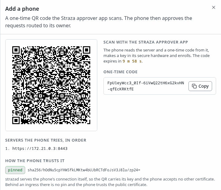 The enrollment QR code for lena, with the servers the phone tries and how it trusts them