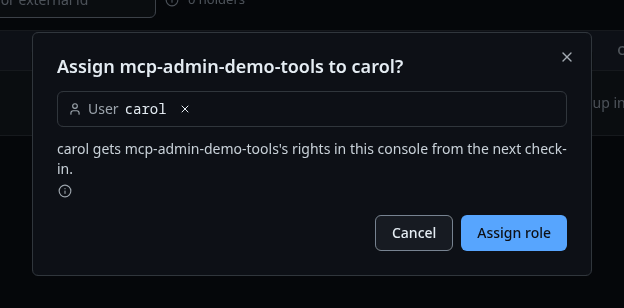 The Assign mcp-admin-demo-tools dialog with carol picked