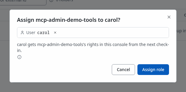 The Assign mcp-admin-demo-tools dialog with carol picked
