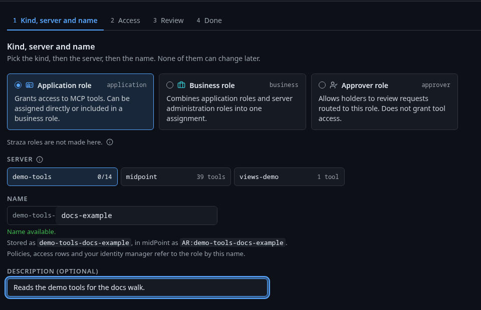 New role, step 1: Application role picked, server demo-tools picked, name demo-tools-docs-example available