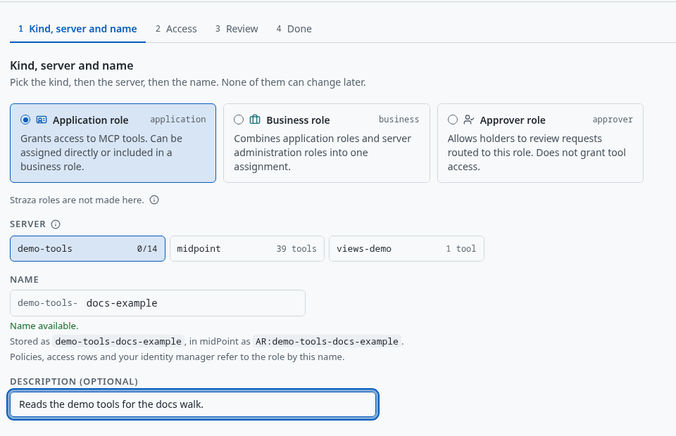New role, step 1: Application role picked, server demo-tools picked, name demo-tools-docs-example available