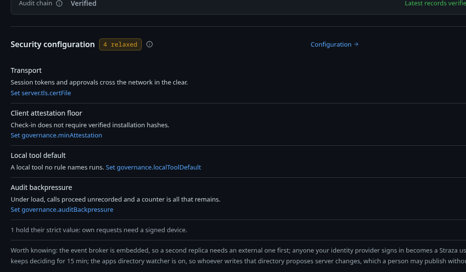 The Overview, tab System details, with the security configuration of this server