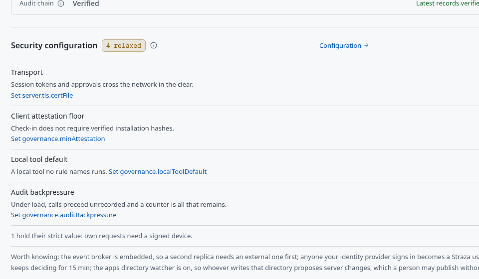The Overview, tab System details, with the security configuration of this server