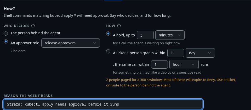 New policy, step How, with release-approvers deciding and a hold of up to 5 minutes