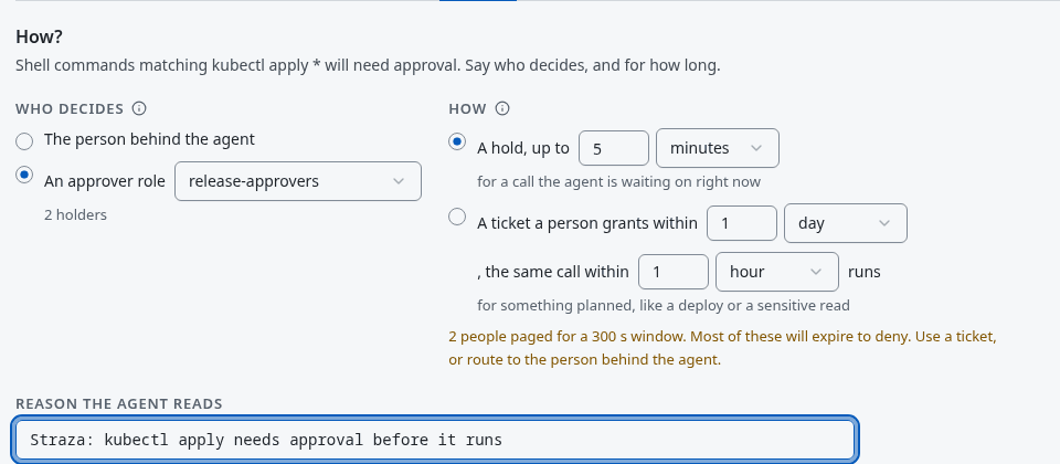 New policy, step How, with release-approvers deciding and a hold of up to 5 minutes
