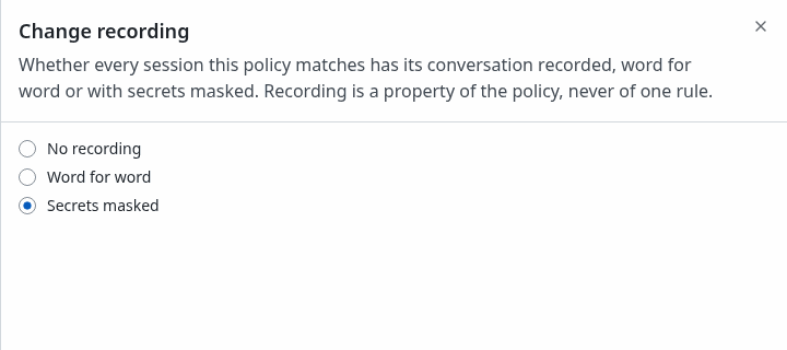 The Change recording sheet on local-tools-guardrails, with Secrets masked picked