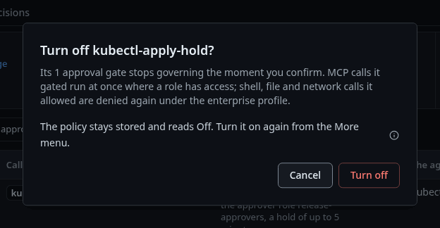 The Turn off confirmation on the kubectl-apply-hold policy page