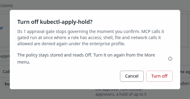 The Turn off confirmation on the kubectl-apply-hold policy page