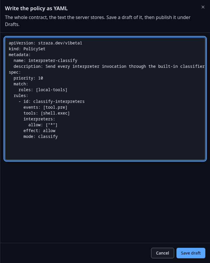 New policy written as YAML, with the policy text and Save draft