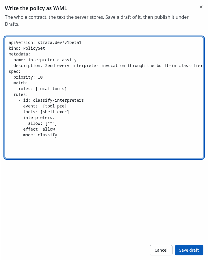 New policy written as YAML, with the policy text and Save draft