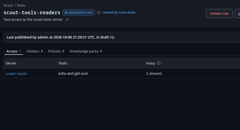 The scout-tools-readers role page, Access tab, with the server, the tools and the policy column