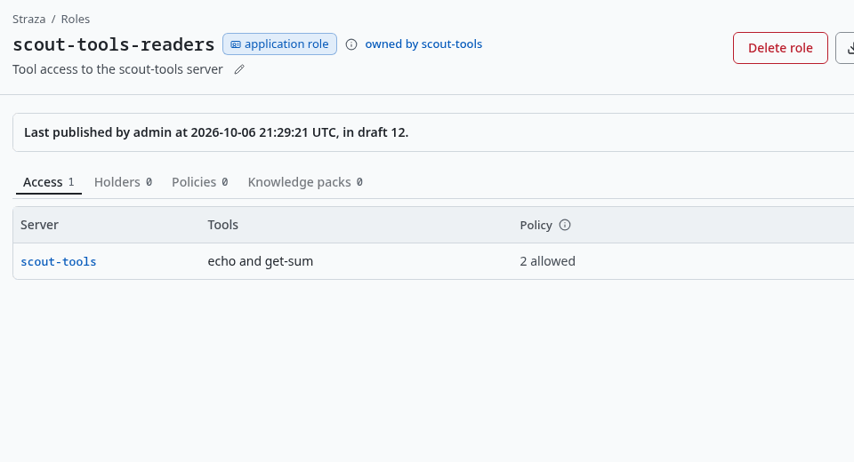 The scout-tools-readers role page, Access tab, with the server, the tools and the policy column