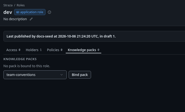 The dev role page, tab Knowledge packs, with team-conventions picked and the button Bind pack
