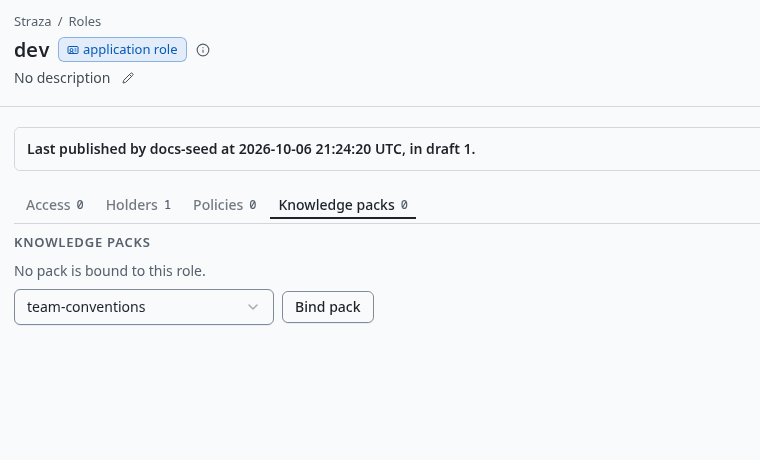 The dev role page, tab Knowledge packs, with team-conventions picked and the button Bind pack
